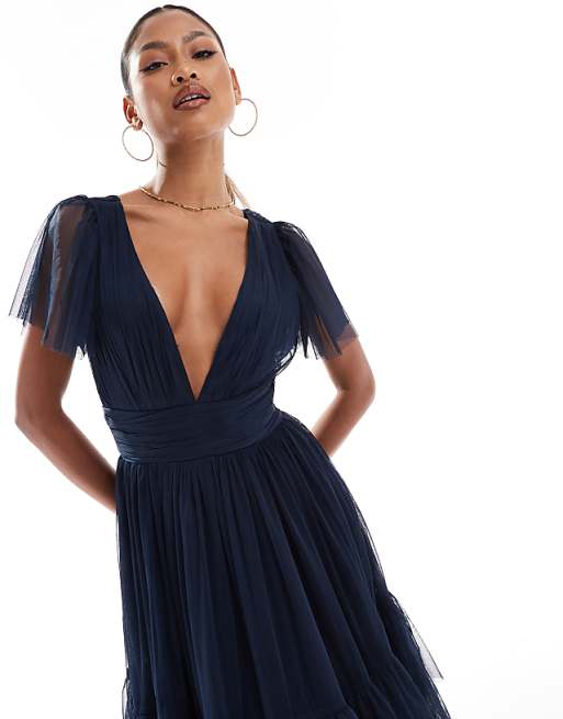 Lace & Beads Bridesmaid Madison V Neck Tulle Midi Dress In Navy