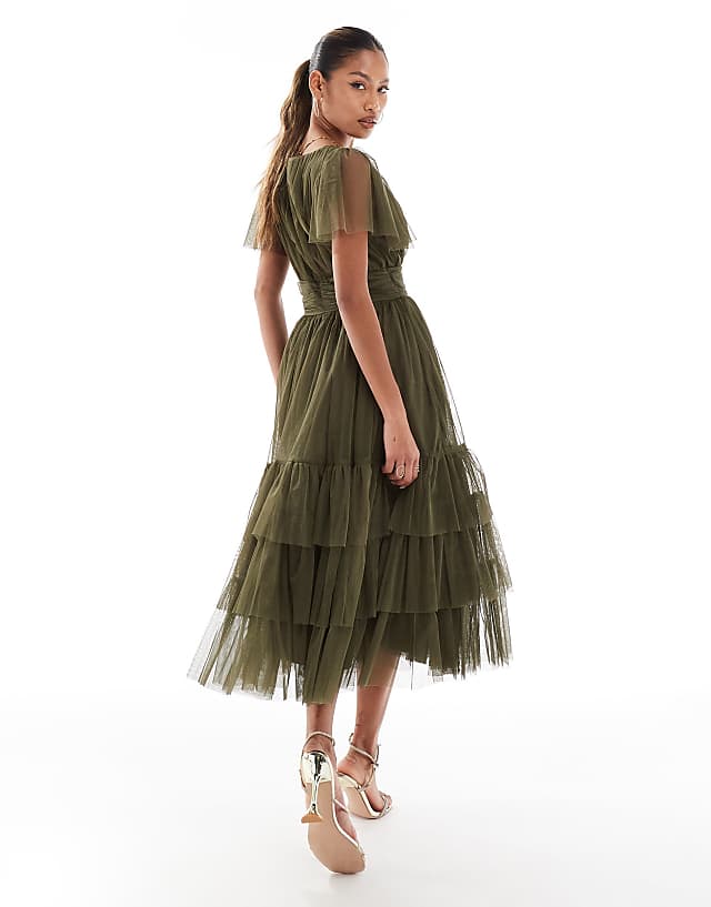 Lace & Beads Bridesmaid Madison V Neck Tulle Midi Dress In Deep Olive