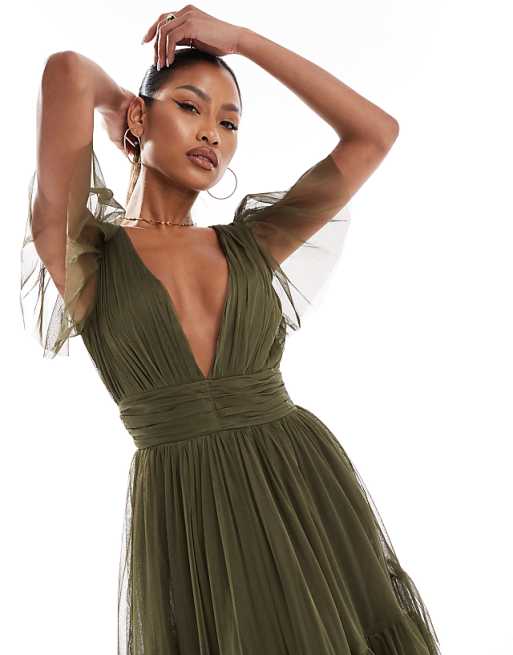 Lace & Beads Bridesmaid Madison V Neck Tulle Midi Dress In Deep Olive
