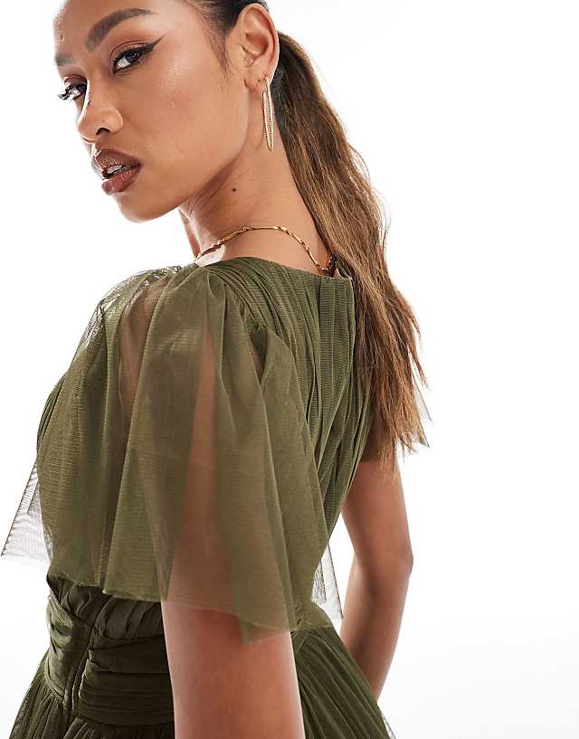 Lace & Beads Bridesmaid Madison V Neck Tulle Midi Dress In Deep Olive