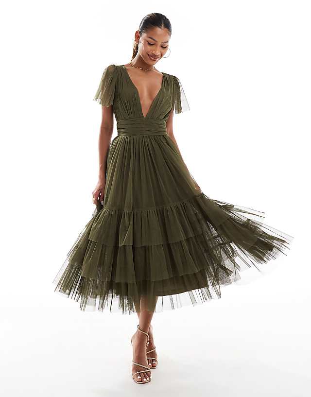 Lace & Beads Bridesmaid Madison v neck tulle midi dress in deep olive