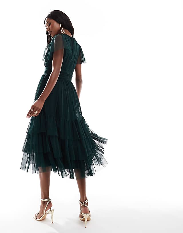 Lace & Beads Bridesmaid Madison V Neck Tulle Midi Dress In Dark Green