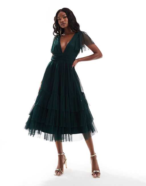 Lace & Beads Bridesmaid Madison V Neck Tulle Midi Dress In Dark Green