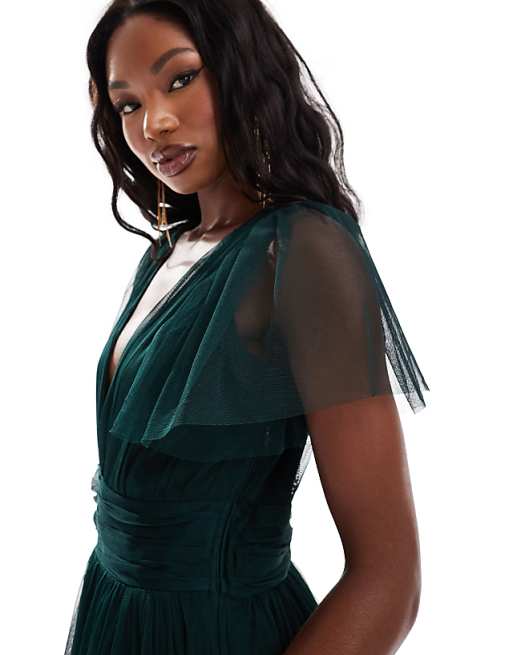 Lace & Beads Bridesmaid Madison V Neck Tulle Midi Dress In Dark Green