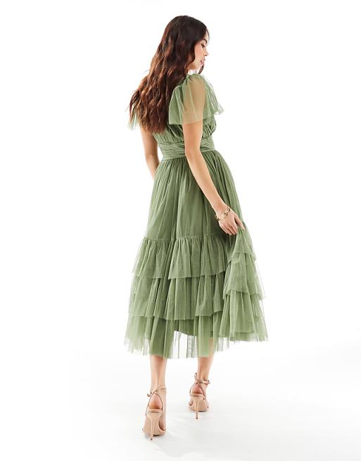 Lace & Beads Bridesmaid Madison V Neck Tulle Midi Dress In Soft Olive