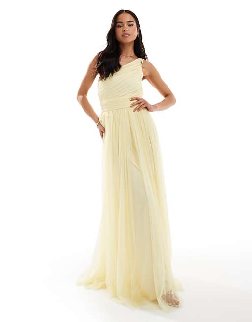 Lace & Beads Bridesmaid one shoulder maxi dress in butter yellow
