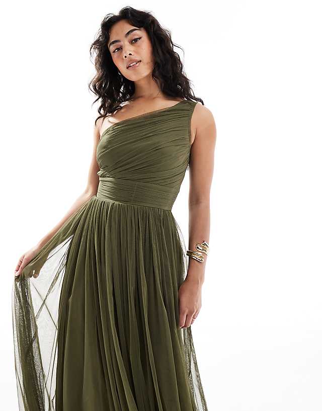 Lace & Beads Bridesmaid One Shoulder Maxi Dress In Deep Olive