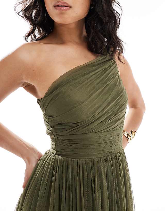 Lace & Beads Bridesmaid One Shoulder Maxi Dress In Deep Olive