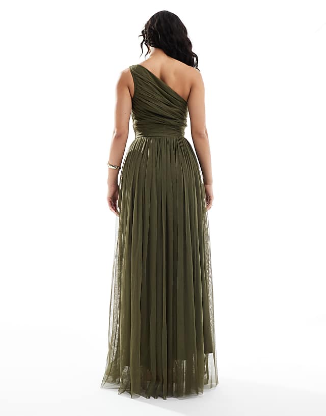 Lace & Beads Bridesmaid One Shoulder Maxi Dress In Deep Olive