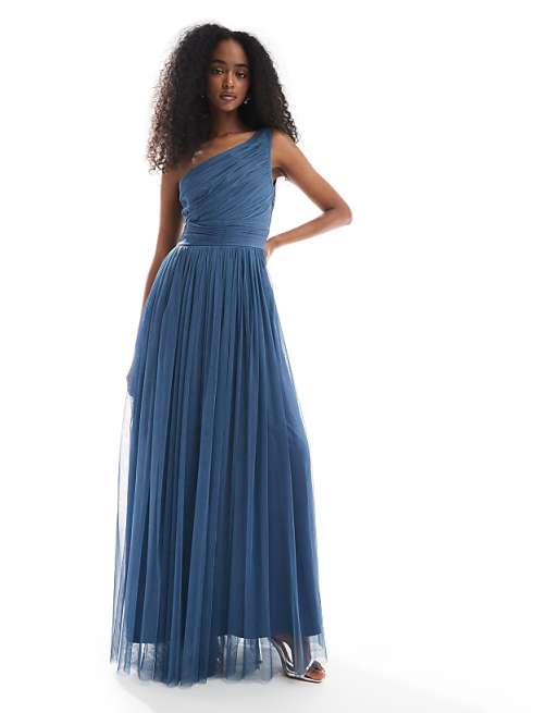 Lace & Beads Bridesmaid One Shoulder Maxi Dress In Deep Blue