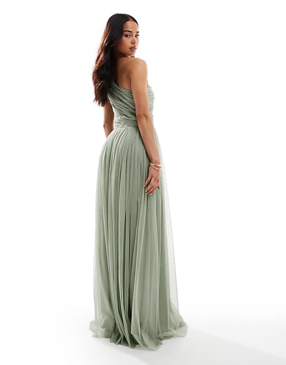 Lace & Beads Bridesmaid One Shoulder Maxi Dress In Dusty Sage
