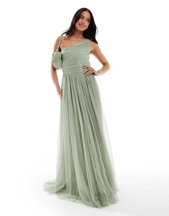 Lace & Beads Bridesmaid one shoulder maxi dress in dusty sage
