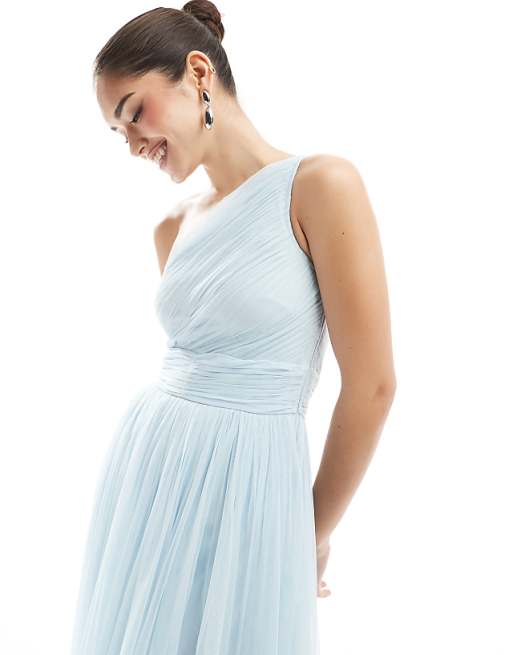 Lace & Beads Bridesmaid One Shoulder Maxi Dress In Powder Blue