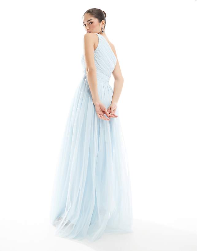 Lace & Beads Bridesmaid One Shoulder Maxi Dress In Powder Blue