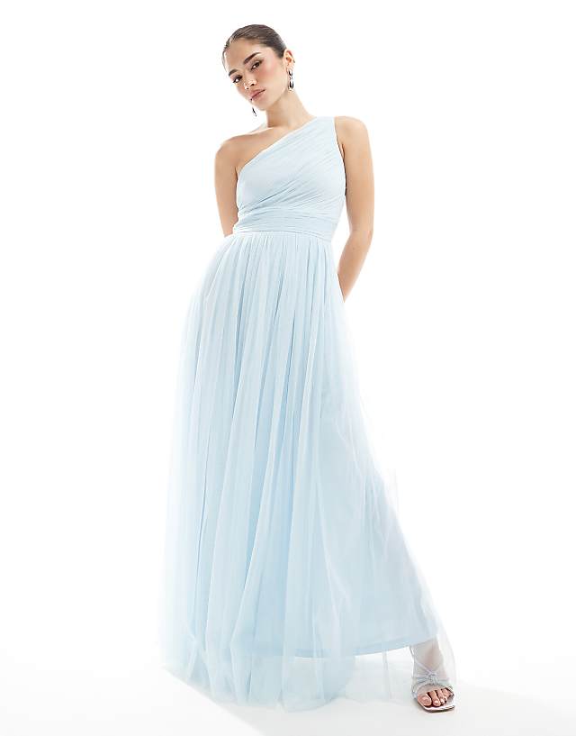 Lace & Beads Bridesmaid one shoulder maxi dress in powder blue