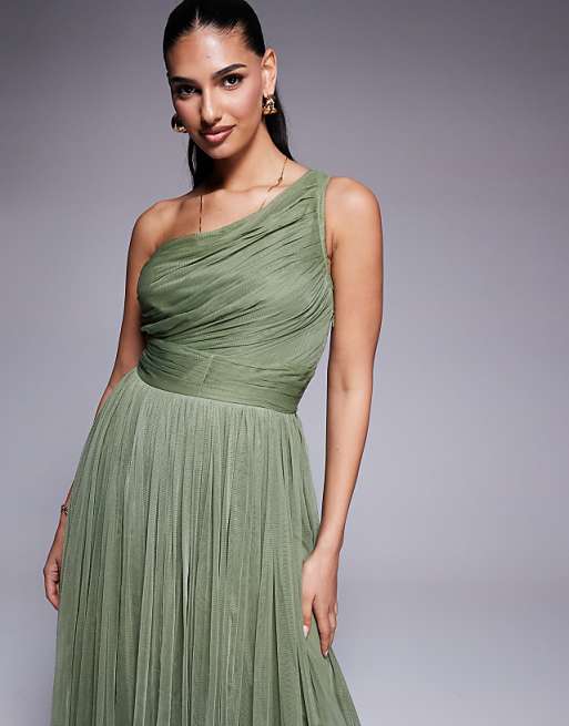 Lace & Beads Bridesmaid One Shoulder Maxi Dress In Soft Olive
