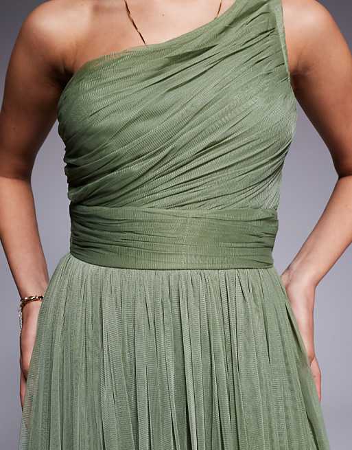 Lace & Beads Bridesmaid One Shoulder Maxi Dress In Soft Olive