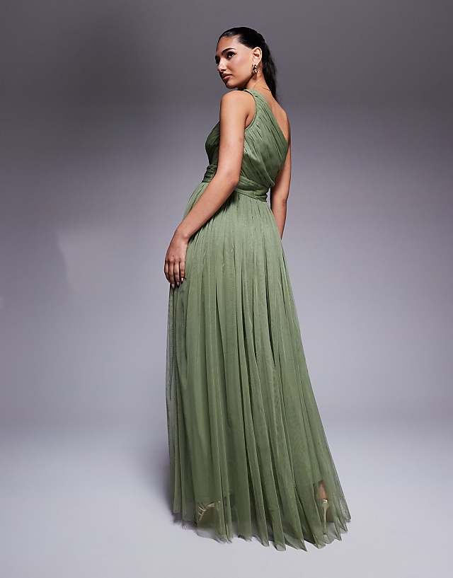 Lace & Beads Bridesmaid One Shoulder Maxi Dress In Soft Olive