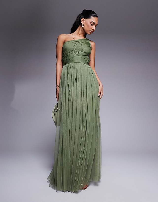 Lace & Beads Bridesmaid One Shoulder Maxi Dress In Soft Olive