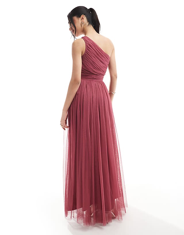 Lace & Beads Bridesmaid One Shoulder Tulle Maxi Dress In Orchid