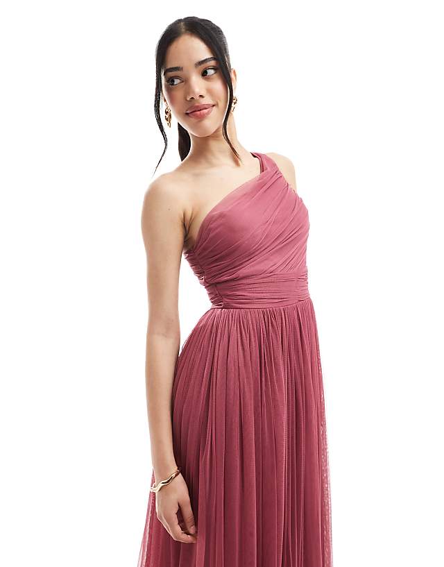 Lace & Beads Bridesmaid One Shoulder Tulle Maxi Dress In Orchid