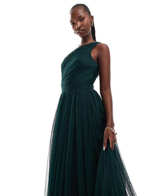 Lace & Beads Bridesmaid One Shoulder Tulle Maxi Dress In Emerald