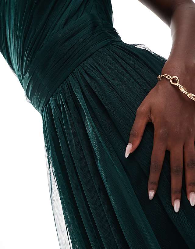 Lace & Beads Bridesmaid One Shoulder Tulle Maxi Dress In Emerald
