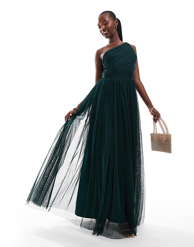 Lace & Beads Bridesmaid one shoulder tulle maxi dress in emerald