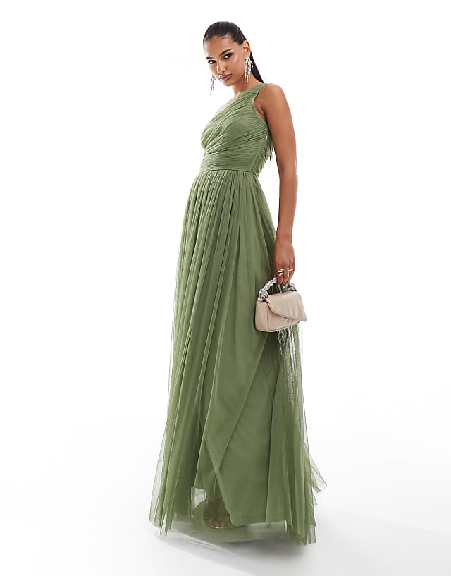 Lace & Beads Bridesmaid One Shoulder Tulle Maxi Dress In Soft Olive