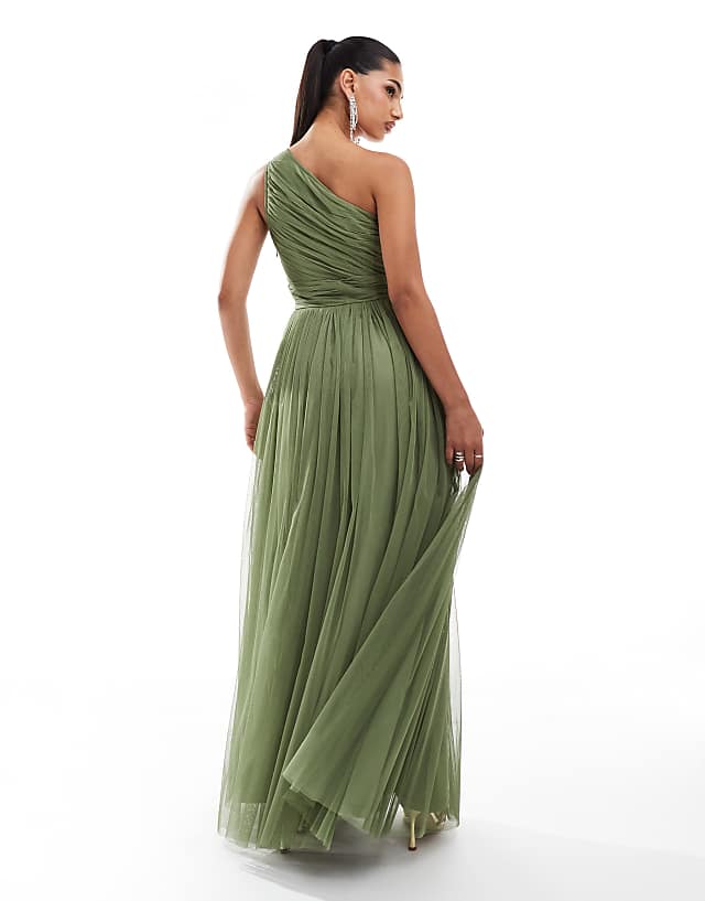 Lace & Beads Bridesmaid One Shoulder Tulle Maxi Dress In Soft Olive