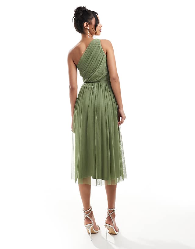 Lace & Beads Bridesmaid One Shoulder Tulle Midi Dress In Soft Olive