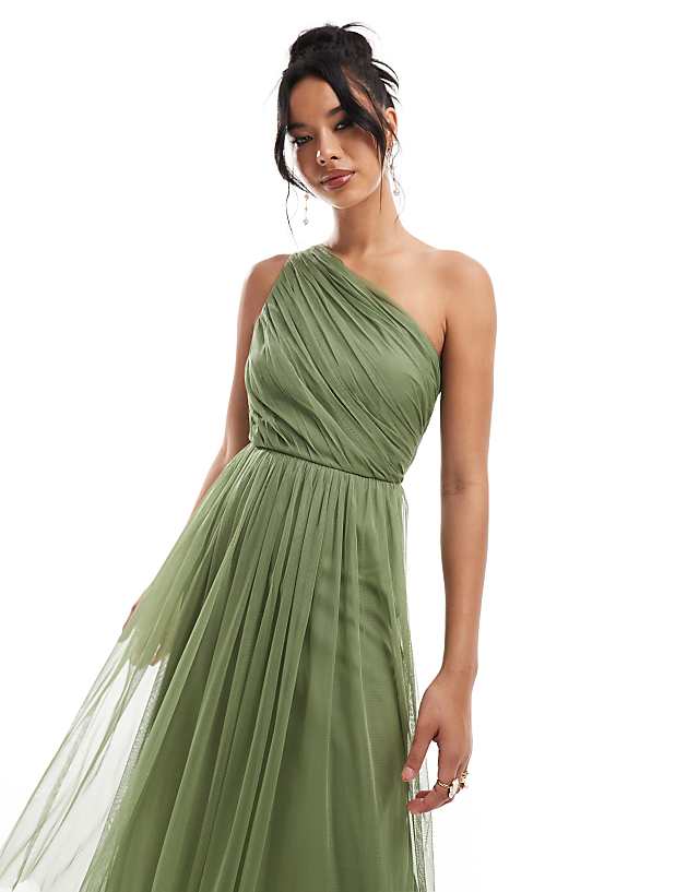Lace & Beads Bridesmaid One Shoulder Tulle Midi Dress In Soft Olive