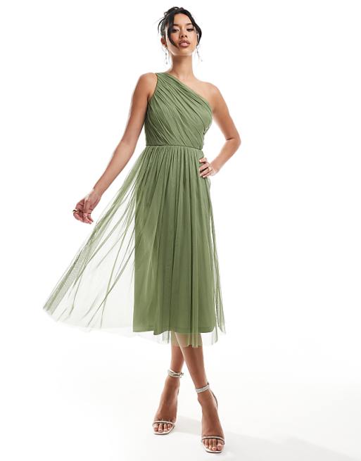 Lace & Beads Bridesmaid one shoulder tulle midi dress in soft olive
