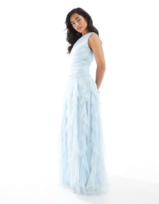 Lace & Beads Bridesmaid One Shoulder Waterfall Ruffle Maxi Dress In Powder Blue