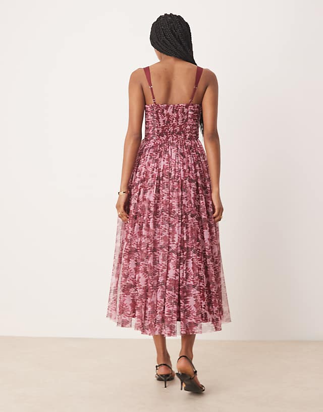 Lace & Beads Corset Midi Dress In Berry Rose Floral
