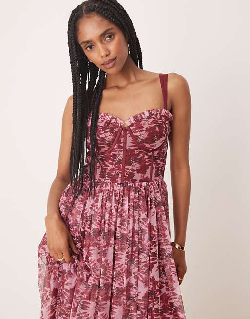 Lace & Beads Corset Midi Dress In Berry Rose Floral