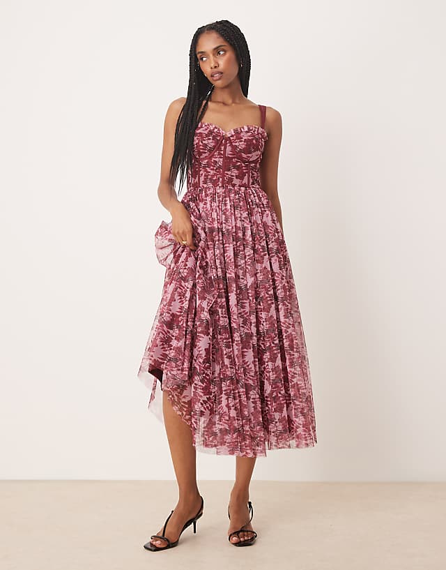 Lace & Beads corset midi dress in berry rose floral