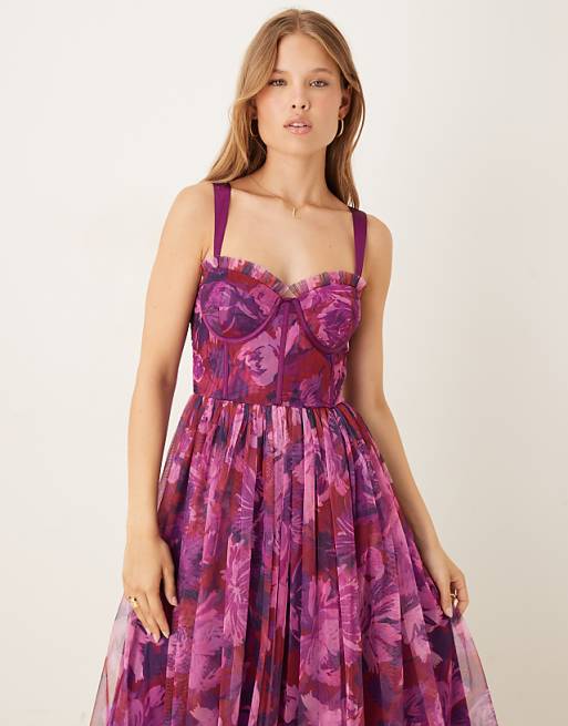 Lace & Beads Corset Tulle Maxi Dress In Bright Pink Blurred Floral