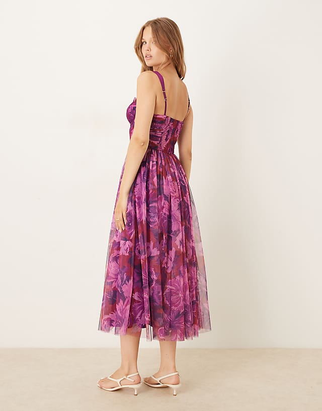 Lace & Beads Corset Tulle Maxi Dress In Bright Pink Blurred Floral