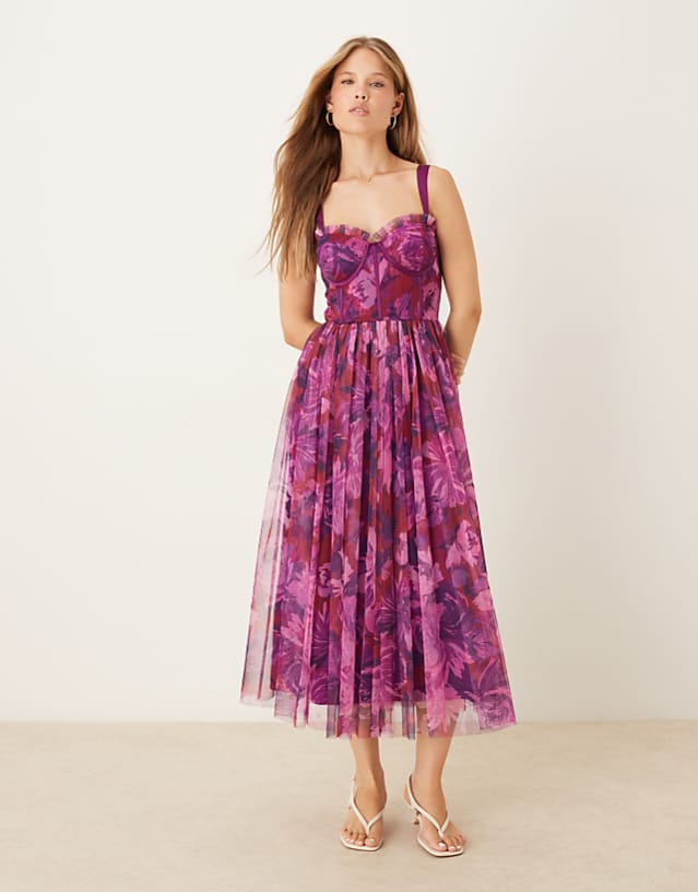 Lace & Beads corset tulle maxi dress in bright pink blurred floral