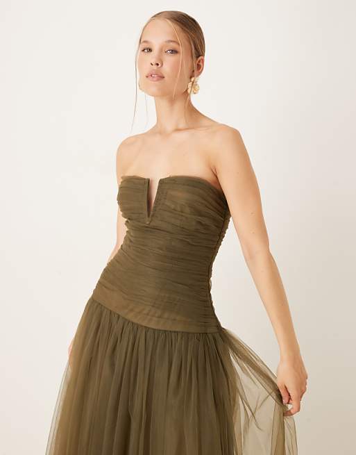 Lace & Beads Drop Hem Tulle Midaxi Dress In deep Olive