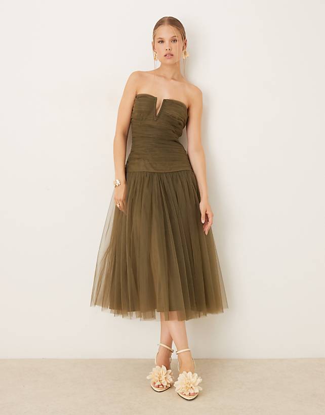 Lace & Beads Drop Hem Tulle Midaxi Dress In deep Olive