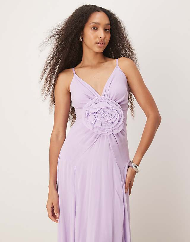 Lace & Beads Maxi Dress With Rose Detail In Lilac