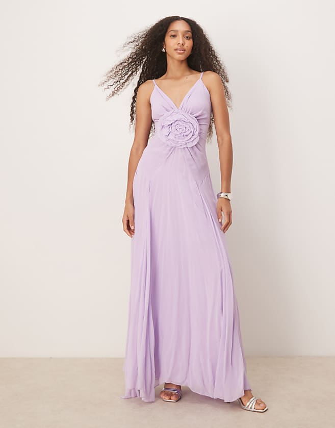 Lace & Beads maxi dress with rose detail in Lilac