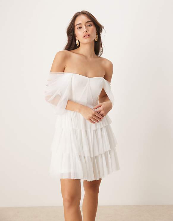 Lace & Beads Off Shoulder Corset Tulle Mini Dress In Ivory