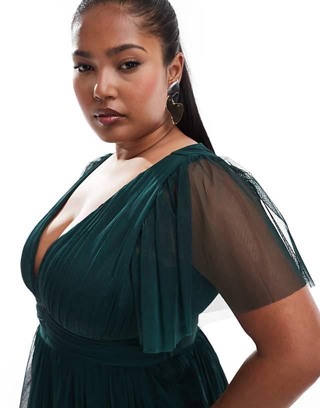 Lace & Beads Plus Bridesmaid Madison V Neck Tulle Midi Dress In Emerald