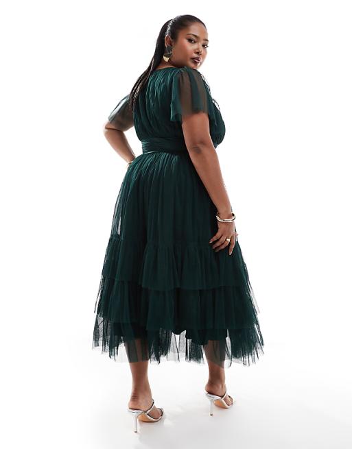 Lace & Beads Plus Bridesmaid Madison V Neck Tulle Midi Dress In Emerald