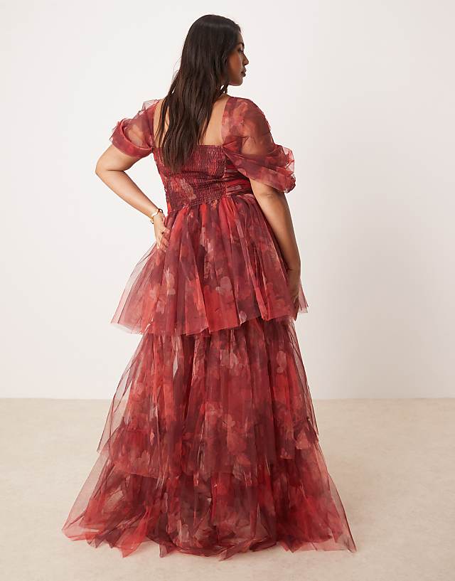 Lace & Beads Plus Off Shoulder Tulle Maxi Dress In Fuchsia Floral