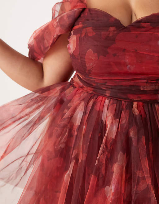 Lace & Beads Plus Off Shoulder Tulle Maxi Dress In Fuchsia Floral