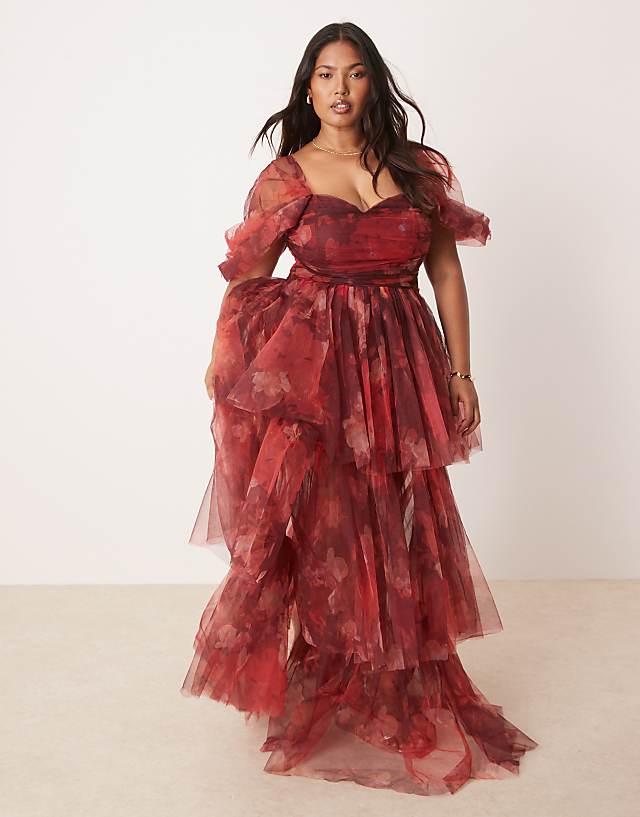 Lace & Beads Plus off shoulder tulle maxi dress in fuchsia floral